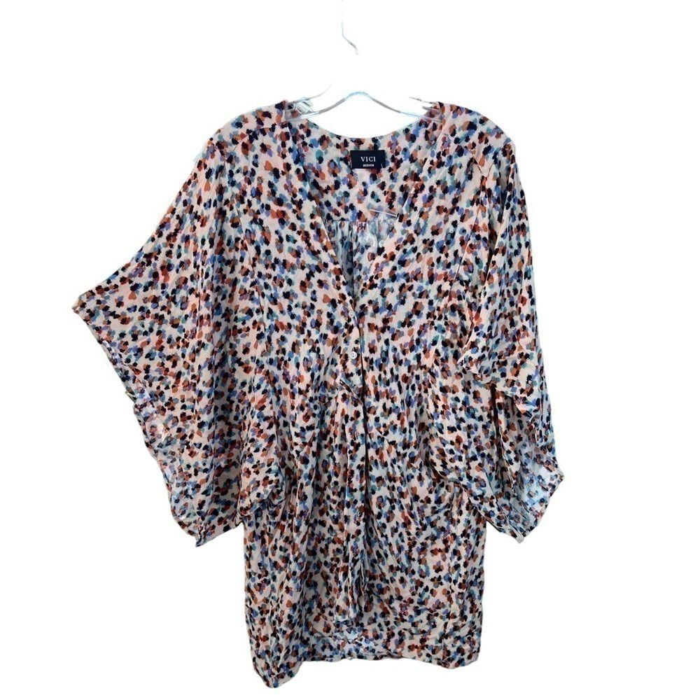 VICI Mini Kimono Mini Dress Tunic Oversized Button Front Coverup M Beach Resort